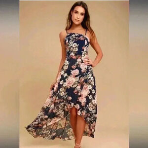 Lulus Reflection Navy Blue Floral Print High-low Dress in size small